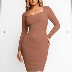 Popilush Elegant Brown ribbed midi dress, Long Sleeve, shapewear, size SMALL NWT